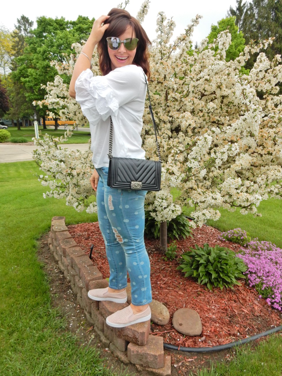 sarah in style, sarahinstyle.com, Sarah Meyer, Vionic tennis shoes, pink Vionic shoes, Vionic. best supportive shoes, cute supportive shoes, Chanel cross body, black chanel bag, polka dot jeans, white ruffled top, sunglass wharehouse, spring style, dressing for you, finding your style, chicago blogger, fashion blogger tips