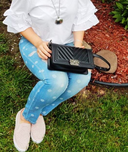 sarah in style, sarahinstyle.com, Sarah Meyer, Vionic tennis shoes, pink Vionic shoes, Vionic. best supportive shoes, cute supportive shoes, Chanel cross body, black chanel bag, polka dot jeans, white ruffled top, sunglass wharehouse, spring style, dressing for you, finding your style, chicago blogger, fashion blogger tips