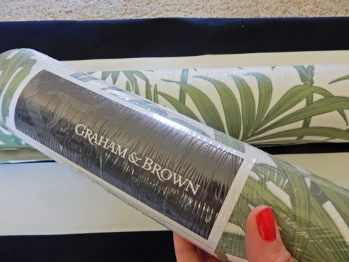 before and after, bathroom renovation, vintage green tile, vintage tile, bathroom oasis, tropical bathroom, wallpaper projects, bold wallpaper, wallpaper updates, bathroom updates, cabana striped valance, navy and white stripes, palm leaf wallpaper, Graham & Brown, Graham and Brown, wallpaper tips, wallpaper DIY, Sarah In Style, blogger DIY, apartment therapy before and after