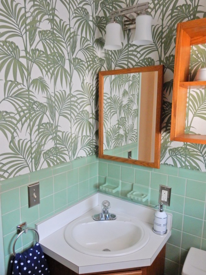 before and after, bathroom renovation, vintage green tile, vintage tile, bathroom oasis, tropical bathroom, wallpaper projects, bold wallpaper, wallpaper updates, bathroom updates, cabana striped valance, navy and white stripes, palm leaf wallpaper, Graham & Brown, Graham and Brown, wallpaper tips, wallpaper DIY, SArah In Style, blogger DIY