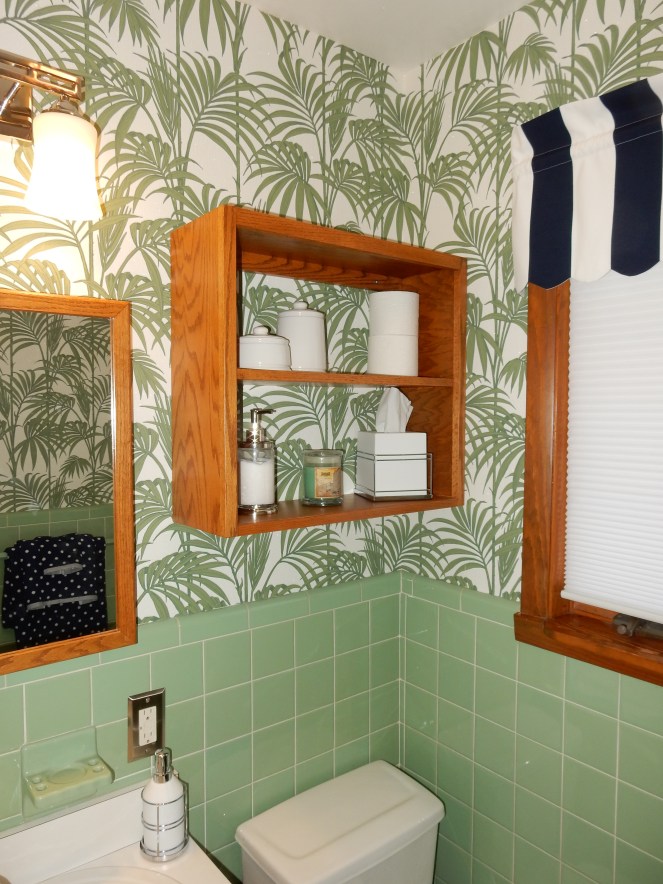 before and after, bathroom renovation, vintage green tile, vintage tile, bathroom oasis, tropical bathroom, wallpaper projects, bold wallpaper, wallpaper updates, bathroom updates, cabana striped valance, navy and white stripes, palm leaf wallpaper, Graham & Brown, Graham and Brown, wallpaper tips, wallpaper DIY, Sarah In Style, blogger DIY, apartment therapy before and after