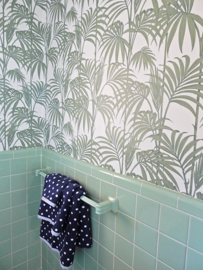 before and after, bathroom renovation, vintage green tile, vintage tile, bathroom oasis, tropical bathroom, wallpaper projects, bold wallpaper, wallpaper updates, bathroom updates, cabana striped valance, navy and white stripes, palm leaf wallpaper, Graham & Brown, Graham and Brown, wallpaper tips, wallpaper DIY, SArah In Style, blogger DIY