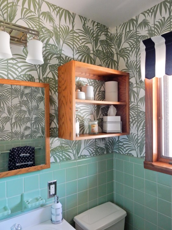 before and after, bathroom renovation, vintage green tile, vintage tile, bathroom oasis, tropical bathroom, wallpaper projects, bold wallpaper, wallpaper updates, bathroom updates, cabana striped valance, navy and white stripes, palm leaf wallpaper, Graham & Brown, Graham and Brown, wallpaper tips, wallpaper DIY, SArah In Style, blogger DIY
