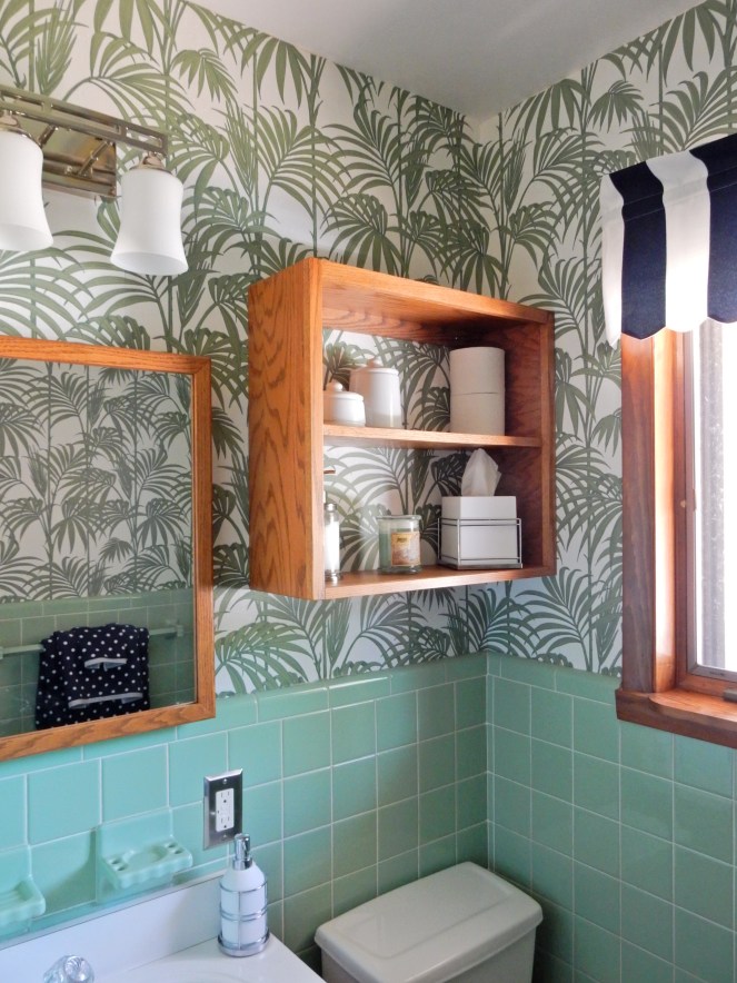 before and after, bathroom renovation, vintage green tile, vintage tile, bathroom oasis, tropical bathroom, wallpaper projects, bold wallpaper, wallpaper updates, bathroom updates, cabana striped valance, navy and white stripes, palm leaf wallpaper, Graham & Brown, Graham and Brown, wallpaper tips, wallpaper DIY, SArah In Style, blogger DIY