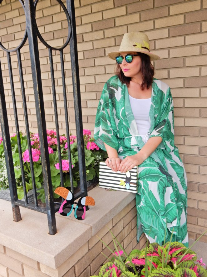 toucan hat, soft surroundings, toucan accessories, kate spade toucan purse, black and white stripes, summer styling, urban jungle, palm print wrap, palm wrap, palm cover up, Sarah In Style, Sarah Meyer, if you toucan can, white birkenstocks, fun summer clothing, blogger styling tips