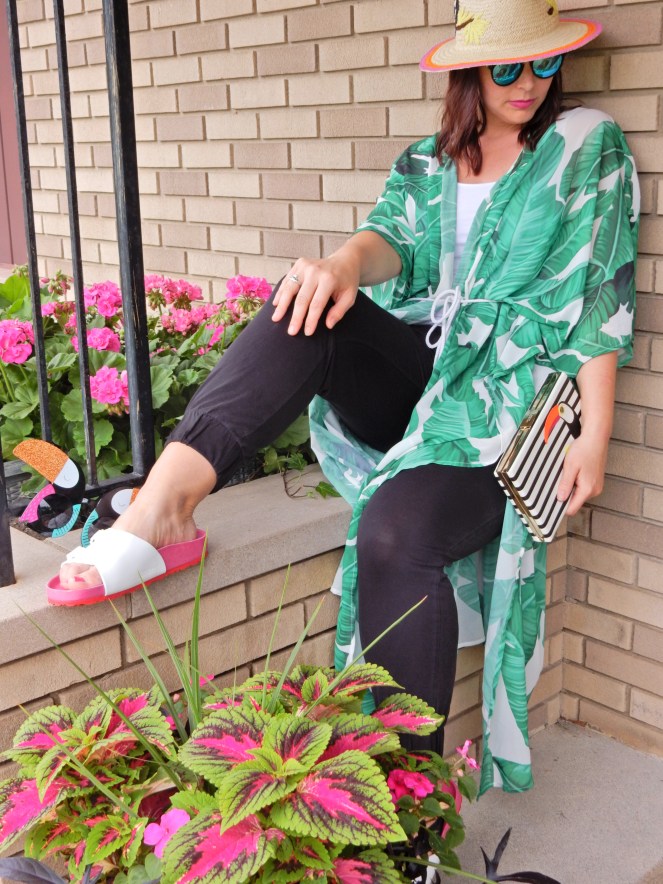 toucan hat, soft surroundings, toucan accessories, kate spade toucan purse, black and white stripes, summer styling, urban jungle, palm print wrap, palm wrap, palm cover up, Sarah In Style, Sarah Meyer, if you toucan can, white birkenstocks, fun summer clothing, blogger styling tips