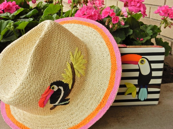 toucan hat, soft surroundings, toucan accessories, kate spade toucan purse, black and white stripes, summer styling, urban jungle, palm print wrap, palm wrap, palm cover up, Sarah In Style, Sarah Meyer, if you toucan can, white birkenstocks, fun summer clothing, blogger styling tips