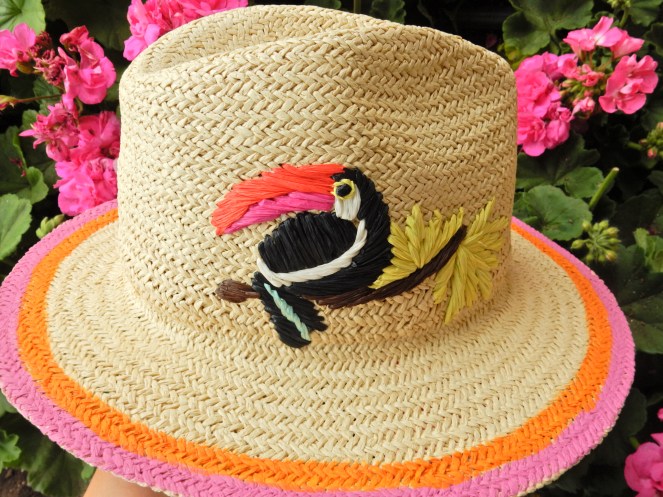 toucan hat, soft surroundings, toucan accessories, kate spade toucan purse, black and white stripes, summer styling, urban jungle, palm print wrap, palm wrap, palm cover up, Sarah In Style, Sarah Meyer, if you toucan can, white birkenstocks, fun summer clothing, blogger styling tips