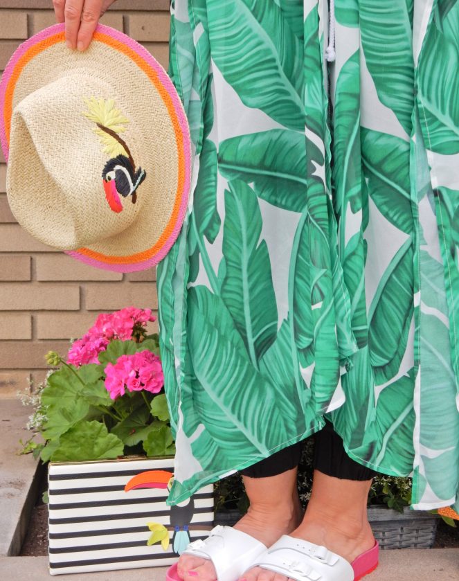 dressing for the tropics, toucan hat, soft surroundings, toucan accessories, kate spade toucan purse, black and white stripes, summer styling, urban jungle, palm print wrap, palm wrap, palm cover up, Sarah In Style, Sarah Meyer, if you toucan can, white birkenstocks, fun summer clothing, blogger styling tips