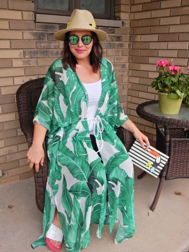 toucan hat, soft surroundings, toucan accessories, kate spade toucan purse, black and white stripes, summer styling, urban jungle, palm print wrap, palm wrap, palm cover up, Sarah In Style, Sarah Meyer, if you toucan can, white birkenstocks, fun summer clothing, blogger styling tips