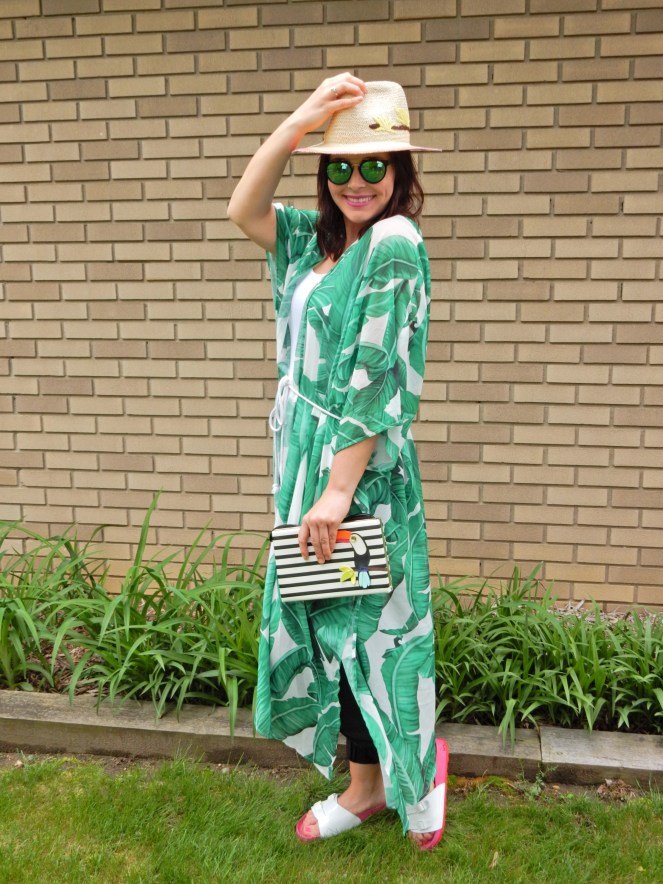 toucan hat, soft surroundings, toucan accessories, kate spade toucan purse, black and white stripes, summer styling, urban jungle, palm print wrap, palm wrap, palm cover up, Sarah In Style, Sarah Meyer, if you toucan can, white birkenstocks, fun summer clothing, blogger styling tips