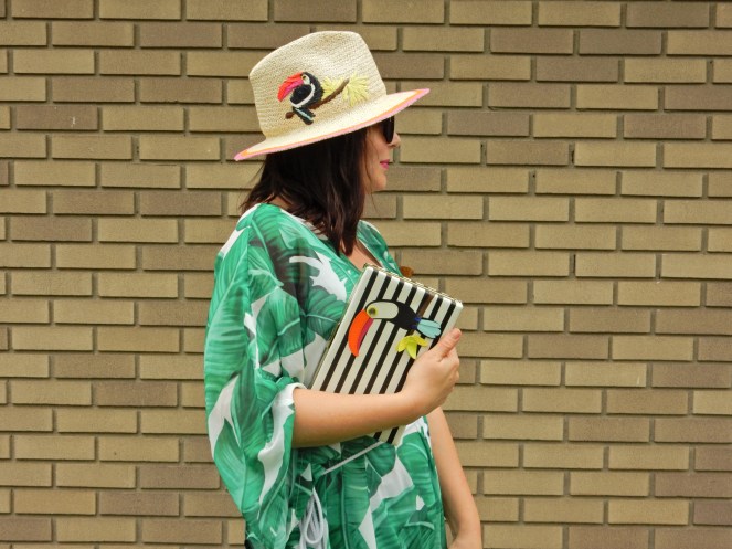 toucan hat, soft surroundings, toucan accessories, kate spade toucan purse, black and white stripes, summer styling, urban jungle, palm print wrap, palm wrap, palm cover up, Sarah In Style, Sarah Meyer, if you toucan can, white birkenstocks, fun summer clothing, blogger styling tips