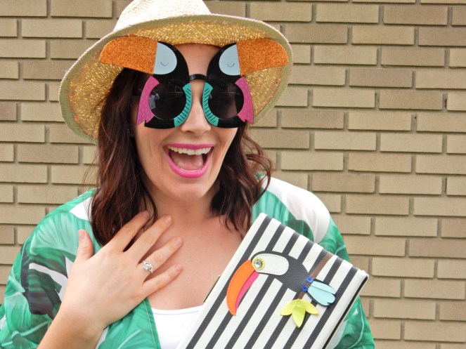 toucan hat, soft surroundings, toucan accessories, kate spade toucan purse, black and white stripes, summer styling, urban jungle, palm print wrap, palm wrap, palm cover up, Sarah In Style, Sarah Meyer, if you toucan can, white birkenstocks, fun summer clothing, blogger styling tips