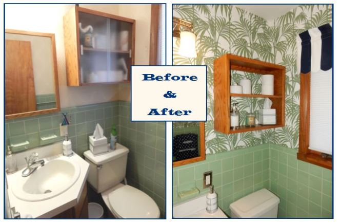 before and after, bathroom renovation, vintage green tile, vintage tile, bathroom oasis, tropical bathroom, wallpaper projects, bold wallpaper, wallpaper updates, bathroom updates, cabana striped valance, navy and white stripes, palm leaf wallpaper, Graham & Brown, Graham and Brown, wallpaper tips, wallpaper DIY, SArah In Style, blogger DIY