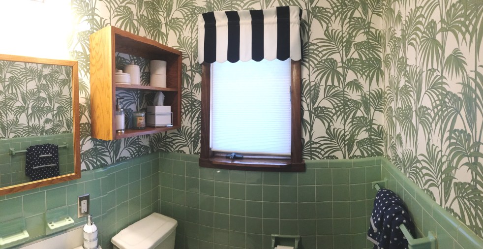 before and after, bathroom renovation, vintage green tile, vintage tile, bathroom oasis, tropical bathroom, wallpaper projects, bold wallpaper, wallpaper updates, bathroom updates, cabana striped valance, navy and white stripes, palm leaf wallpaper, Graham & Brown, Graham and Brown, wallpaper tips, wallpaper DIY, SArah In Style, blogger DIY