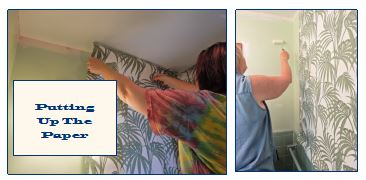 before and after, bathroom renovation, vintage green tile, vintage tile, bathroom oasis, tropical bathroom, wallpaper projects, bold wallpaper, wallpaper updates, bathroom updates, cabana striped valance, navy and white stripes, palm leaf wallpaper, Graham & Brown, Graham and Brown, wallpaper tips, wallpaper DIY, SArah In Style, blogger DIY