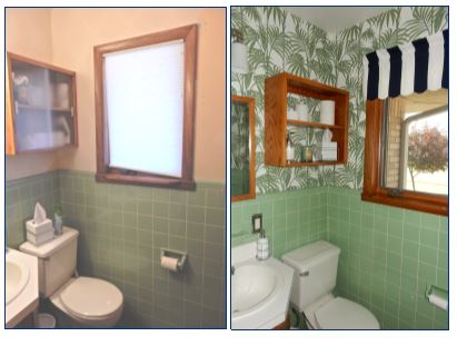 before and after, bathroom renovation, vintage green tile, vintage tile, bathroom oasis, tropical bathroom, wallpaper projects, bold wallpaper, wallpaper updates, bathroom updates, cabana striped valance, navy and white stripes, palm leaf wallpaper, Graham & Brown, Graham and Brown, wallpaper tips, wallpaper DIY, Sarah In Style, blogger DIY, apartment therapy before and after