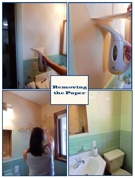 before and after, bathroom renovation, vintage green tile, vintage tile, bathroom oasis, tropical bathroom, wallpaper projects, bold wallpaper, wallpaper updates, bathroom updates, cabana striped valance, navy and white stripes, palm leaf wallpaper, Graham & Brown, Graham and Brown, wallpaper tips, wallpaper DIY, SArah In Style, blogger DIY