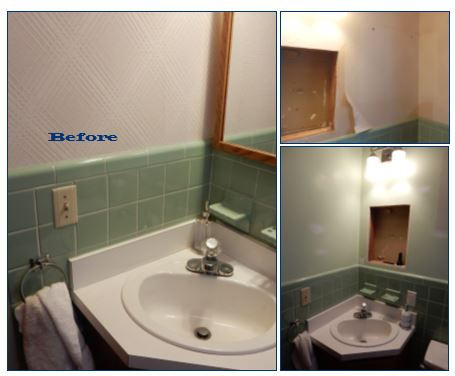 before and after, bathroom renovation, vintage green tile, vintage tile, bathroom oasis, tropical bathroom, wallpaper projects, bold wallpaper, wallpaper updates, bathroom updates, cabana striped valance, navy and white stripes, palm leaf wallpaper, Graham & Brown, Graham and Brown, wallpaper tips, wallpaper DIY, Sarah In Style, blogger DIY