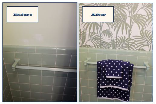before and after, bathroom renovation, vintage green tile, vintage tile, bathroom oasis, tropical bathroom, wallpaper projects, bold wallpaper, wallpaper updates, bathroom updates, cabana striped valance, navy and white stripes, palm leaf wallpaper, Graham & Brown, Graham and Brown, wallpaper tips, wallpaper DIY, SArah In Style, blogger DIY