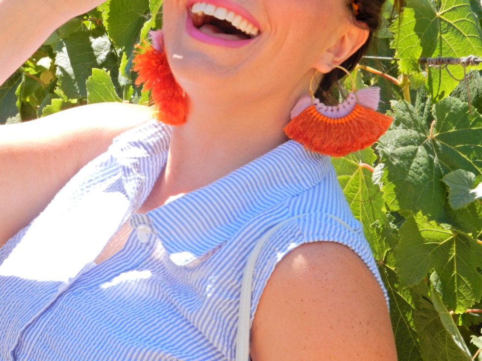 Bold jewelry, statement pieces, statement earrings, tassel earrings, Soft Surroundings, Napa, Downtown Napa, what to wear to a vineyard, what to wear to nantucket, seersucker dress, vineyard style, California style, Napa Valley, wine country USA, Sarah Meyer, Sarah In Style