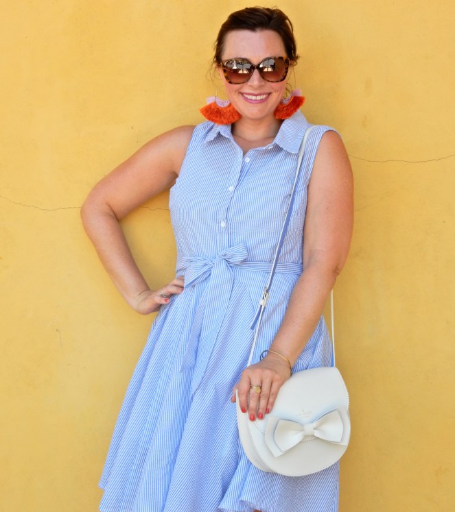 Bold jewelry, statement pieces, statement earrings, tassel earrings, Soft Surroundings, Napa, Downtown Napa, what to wear to a vineyard, what to wear to nantucket, seersucker dress, vineyard style, California style, Napa Valley, wine country USA, Sarah Meyer, Sarah In Style