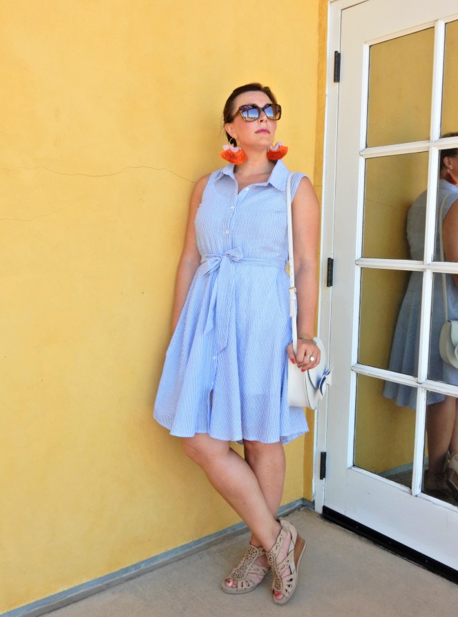 Bold jewelry, statement pieces, statement earrings, tassel earrings, Soft Surroundings, Napa, Downtown Napa, what to wear to a vineyard, what to wear to nantucket, seersucker dress, vineyard style, California style, Napa Valley, wine country USA, Sarah Meyer, Sarah In Style, Blue and white seersucker dress