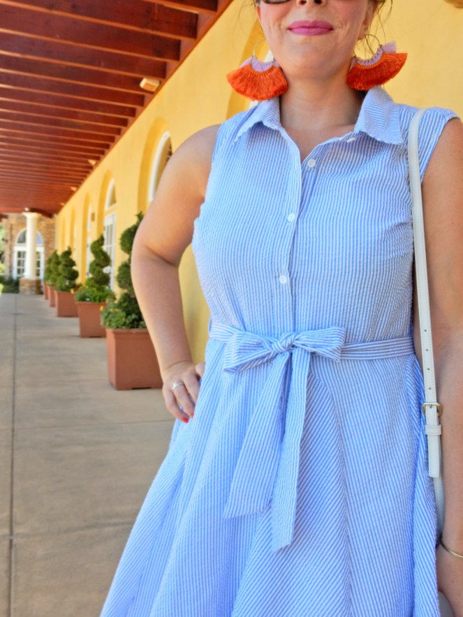 Bold jewelry, statement pieces, statement earrings, tassel earrings, Soft Surroundings, Napa, Downtown Napa, what to wear to a vineyard, what to wear to nantucket, seersucker dress, vineyard style, California style, Napa Valley, wine country USA, Sarah Meyer, Sarah In Style, Blue and white seersucker dress