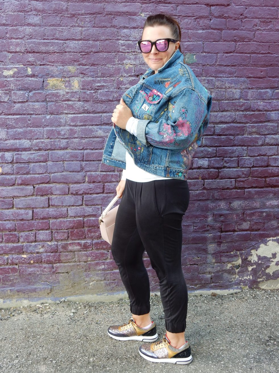 90's Jean Queen, Jean Queen, What's Old Is New Again, Retro Fashion, Painted Jean Jacket, Painted Denim Jacket, Bejeweled Jean Jacket, Calvin Klein Jean Jacket, Sarah In Style, Multi Color Glitter Sneakers, Kate Spade pink purse, Get out there, Sunglass Warehouse, Bay City Michigan, Sarah Meyer, Fashion Retake