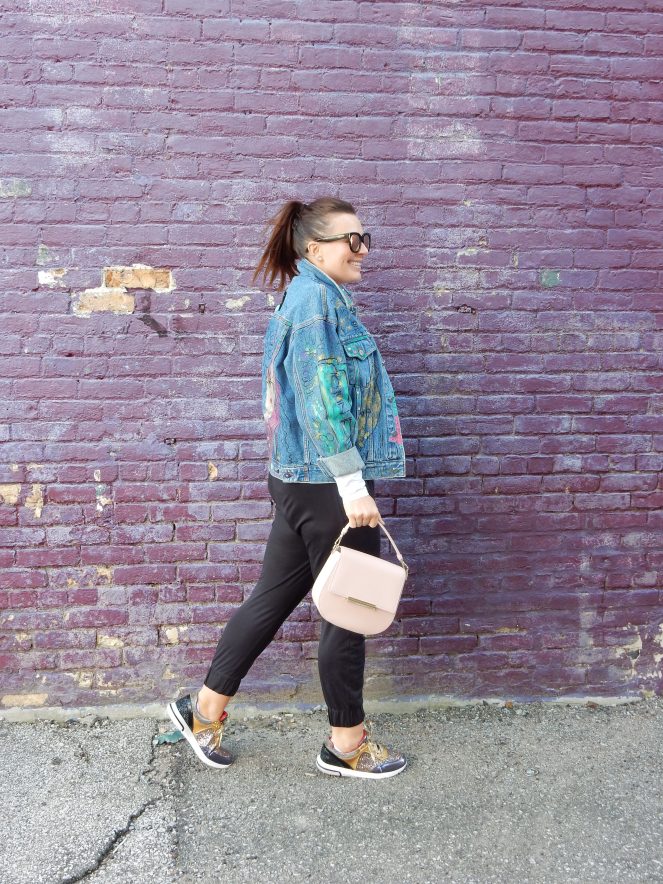 90's Jean Queen, Jean Queen, What's Old Is New Again, Retro Fashion, Painted Jean Jacket, Painted Denim Jacket, Bejeweled Jean Jacket, Calvin Klein Jean Jacket, Sarah In Style, Multi Color Glitter Sneakers, Kate Spade pink purse, Get out there, Sunglass Warehouse, Bay City Michigan, Sarah Meyer, Fashion Retake