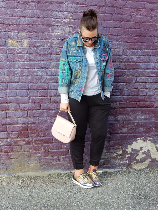 90's Jean Queen, Jean Queen, What's Old Is New Again, Retro Fashion, Painted Jean Jacket, Painted Denim Jacket, Bejeweled Jean Jacket, Calvin Klein Jean Jacket, Sarah In Style, Multi Color Glitter Sneakers, Kate Spade pink purse, Get out there, Sunglass Warehouse, Bay City Michigan, Sarah Meyer, Fashion Retake