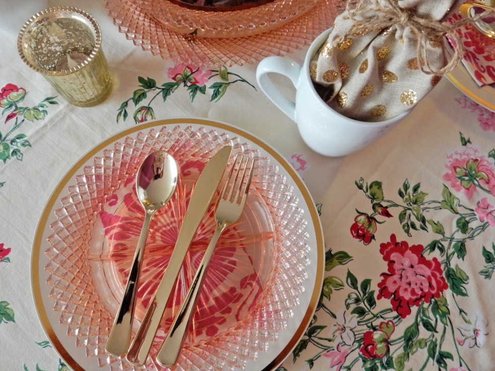 Dining Decor, Through Rose Colored Glass, Miss America glassware, table decor, table decorations, table inspiration, table set up, vintage glassware, vintage tablecloth, tea party decor, Sarah In Style, Sarah Meyer, blogger decorating tips