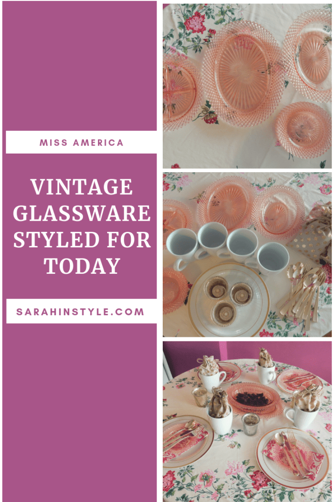 Dining Decor, Through Rose Colored Glass, Miss America glassware, table decor, table decorations, table inspiration, table set up, vintage glassware, vintage tablecloth, tea party decor, Sarah In Style, Sarah Meyer, blogger decorating tips