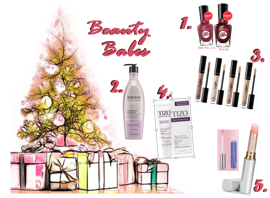 Holiday Gift Guide, Gift Guide, Gift Guides, Gifts for the fashion lover, girl on the go, gifts for travelers, gifts for busy people, gifts for beauty babes, gifts for beauty, gifts for makeup junkies, sarah in style, christmas gift ideas, holiday gift guides, good stocking stuffers, stocking stuffer ideas, stocking stuffers, Jergens Brilliance, Sally Hansen Miracle Gel, Beet Pray Love, Tizo, tizo skincare, Jane Iredale, WInky Lux, Disco gloss