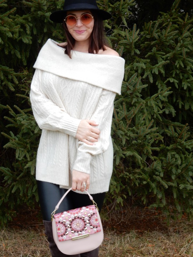 wolfpoint, rose gold watch, Cable Knit Sweater, off the shoulder sweaters, leather leggings, grey over the knee boots, black felt hat, kate spade pink purse, winter styling, winter fashion, what to wear this winter, sarah in style, sarah Meyer, sarahinstyle.com, winter fashions, trendy sweaters, winter trends, chicagogrammers, windy city bloggers, blogger fashion, blogger styling tips