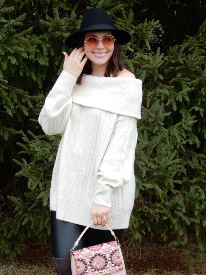 wolfpoint, rose gold watch, Cable Knit Sweater, off the shoulder sweaters, leather leggings, grey over the knee boots, black felt hat, kate spade pink purse, winter styling, winter fashion, what to wear this winter, sarah in style, sarah Meyer, sarahinstyle.com, winter fashions, trendy sweaters, winter trends, chicagogrammers, windy city bloggers, blogger fashion, blogger styling tips