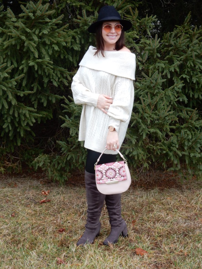 wolfpoint, rose gold watch, Cable Knit Sweater, off the shoulder sweaters, leather leggings, grey over the knee boots, black felt hat, kate spade pink purse, winter styling, winter fashion, what to wear this winter, sarah in style, sarah Meyer, sarahinstyle.com, winter fashions, trendy sweaters, winter trends, chicagogrammers, windy city bloggers, blogger fashion, blogger styling tips