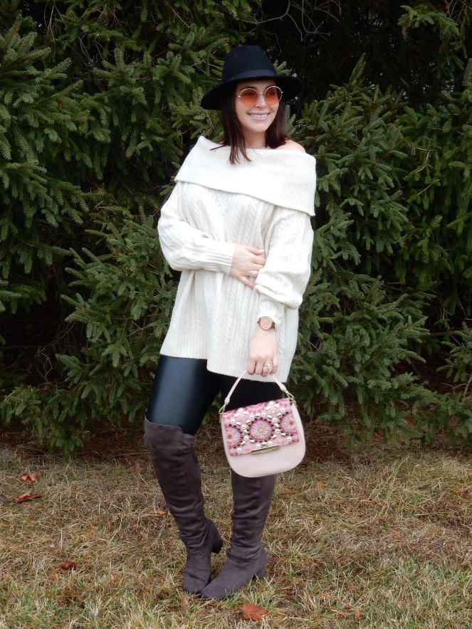 Cable Knit Sweater, off the shoulder sweaters, leather leggings, grey over the knee boots, black felt hat, kate spade pink purse, winter styling, winter fashion, what to wear this winter, sarah in style, sarah Meyer, sarahinstyle.com, winter fashions, trendy sweaters, winter trends, chicagogrammers, windy city bloggers, blogger fashion, blogger styling tips