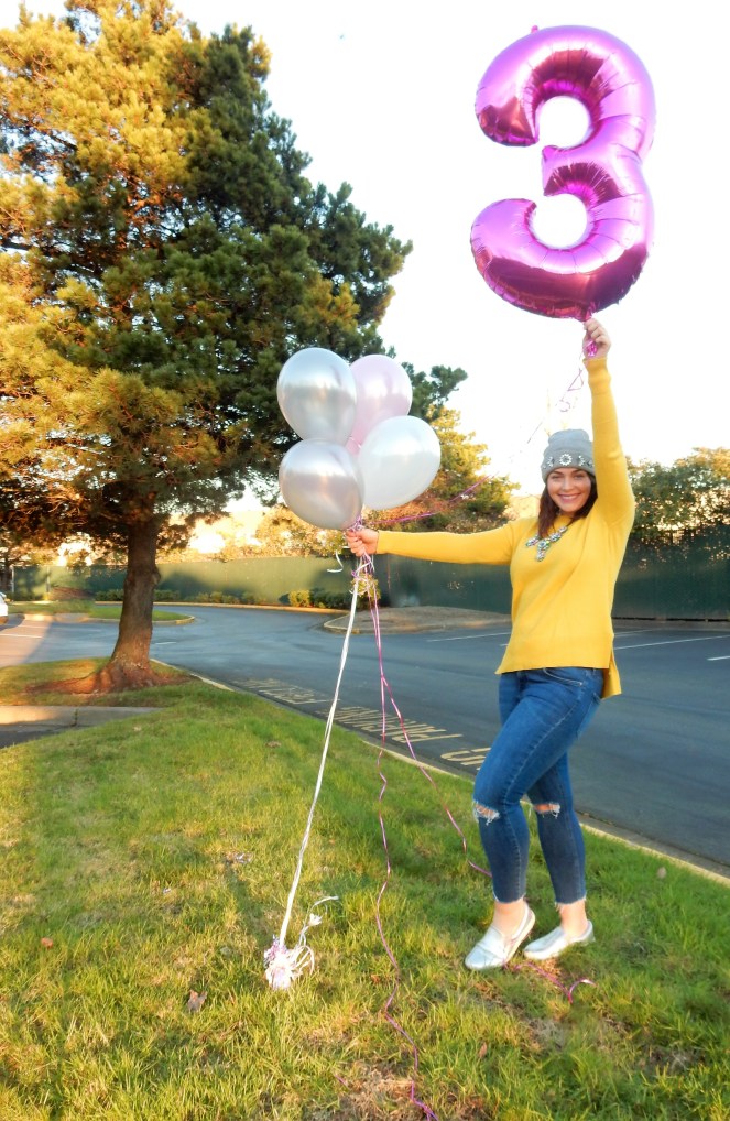 Sarah In Style 3rd Blogaversary, Blogaversary, Blog Birthday, Sarah In Style, Highlights of blogging, coming soon to my blog, blog thank you, yellow Gap sweater, bold statement necklace, 3 years, rhinestone beanie