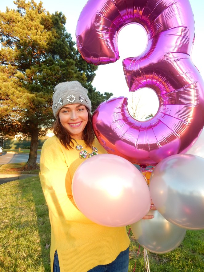 Sarah In Style 3rd Blogaversary, Blogaversary, Blog Birthday, Sarah In Style, Highlights of blogging, coming soon to my blog, blog thank you, yellow Gap sweater, bold statement necklace, 3 years, rhinestone beanie