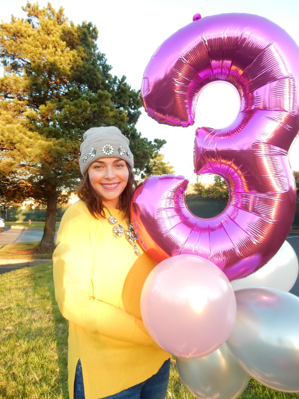 Sarah In Style 3rd Blogaversary, Blogaversary, Blog Birthday, Sarah In Style, Highlights of blogging, coming soon to my blog, blog thank you, yellow Gap sweater, bold statement necklace, 3 years, rhinestone beanie