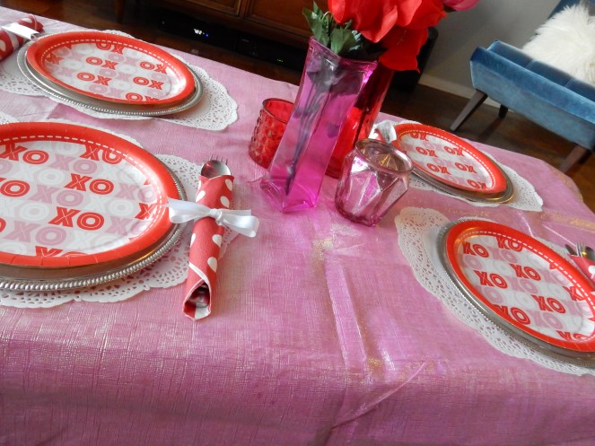 Dining Decor, Valentines Decorations, Valentines Table, Valentines Meal Ideas, Sarah In Style, Sarah Meyer, interior decorating, tablescape, decorating ideas, table ideas, February table, decorating blog, decorating blogger, Dollar Tree, decorating on the cheap, cheap party planning tips, cheap party planning