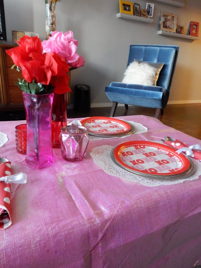 Dining Decor, Valentines Decorations, Valentines Table, Valentines Meal Ideas, Sarah In Style, Sarah Meyer, interior decorating, tablescape, decorating ideas, table ideas, February table, decorating blog, decorating blogger, Dollar Tree, decorating on the cheap, cheap party planning tips, cheap party planning
