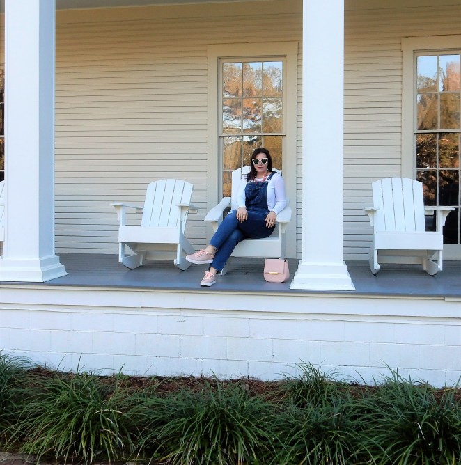 Adult Overalls, How to style overalls, how to wear overalls, how to look cute in overalls, overalls, pink slides, kate spade byrdie bag, Pink sunglasses, spring fashion trends, spring clothes, eden gardens, eden gardens state park, blogger fashion tips, styling tips, Sarah Meyer, Sarah In Style