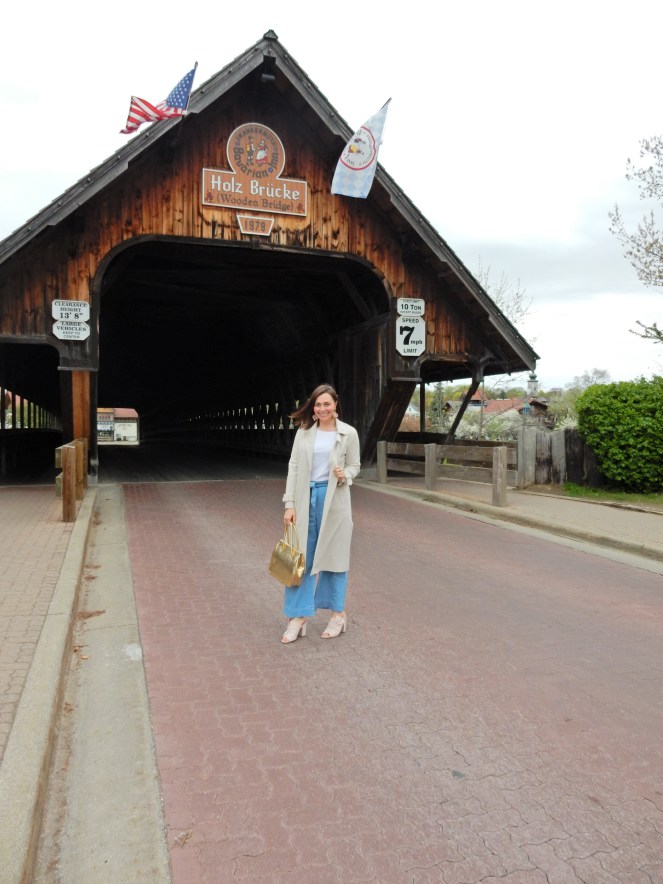 Somewhere over the Rainbow, Rainbow earrings, Shine Design + Shop, Shine Jewelry, Big Earrings, Statement Earrings, Balmain Sunglasses, Chambray Pants, High-waisted Pants, Spring Fashions, Zara Trench Coat, Christian Siriano Shoes, Frankenmuth, Frankenmuth Michigan, Pure Michigan, Sarah In Style, Sarah Meyer, What to wear this spring, finding unique fashion, finding cool clothes, gold vintage purse, Retrospect Chicago, jeans and a tee, fashion blogger, what I wore, who what wear, fashion advice