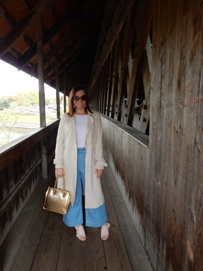 Somewhere over the Rainbow, Rainbow earrings, Shine Design + Shop, Shine Jewelry, Big Earrings, Statement Earrings, Balmain Sunglasses, Chambray Pants, High-waisted Pants, Spring Fashions, Zara Trench Coat, Christian Siriano Shoes, Frankenmuth, Frankenmuth Michigan, Pure Michigan, Sarah In Style, Sarah Meyer, What to wear this spring, finding unique fashion, finding cool clothes, gold vintage purse, Retrospect Chicago, jeans and a tee, fashion blogger, what I wore, who what wear, fashion advice