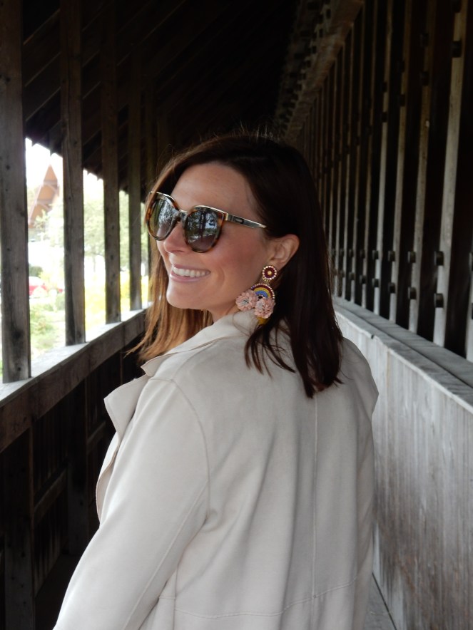 Somewhere over the Rainbow, Rainbow earrings, Shine Design + Shop, Shine Jewelry, Big Earrings, Statement Earrings, Balmain Sunglasses, Chambray Pants, High-waisted Pants, Spring Fashions, Zara Trench Coat, Christian Siriano Shoes, Frankenmuth, Frankenmuth Michigan, Pure Michigan, Sarah In Style, Sarah Meyer, What to wear this spring, finding unique fashion, finding cool clothes, gold vintage purse, Retrospect Chicago, jeans and a tee, fashion blogger, what I wore, who what wear, fashion advice