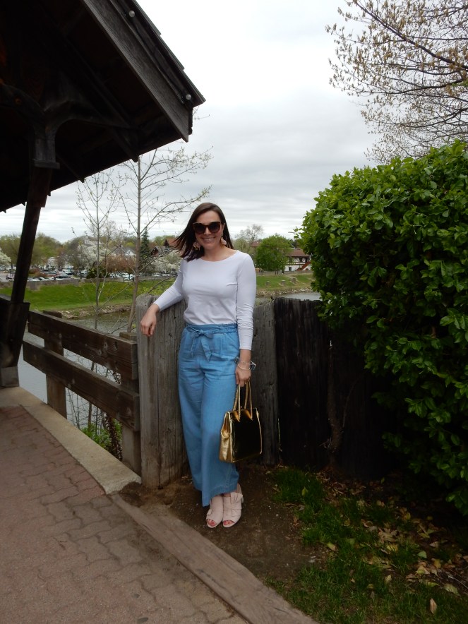 Somewhere over the Rainbow, Rainbow earrings, Shine Design + Shop, Shine Jewelry, Big Earrings, Statement Earrings, Balmain Sunglasses, Chambray Pants, High-waisted Pants, Spring Fashions, Zara Trench Coat, Christian Siriano Shoes, Frankenmuth, Frankenmuth Michigan, Pure Michigan, Sarah In Style, Sarah Meyer, What to wear this spring, finding unique fashion, finding cool clothes, gold vintage purse, Retrospect Chicago, jeans and a tee, fashion blogger, what I wore, who what wear, fashion advice