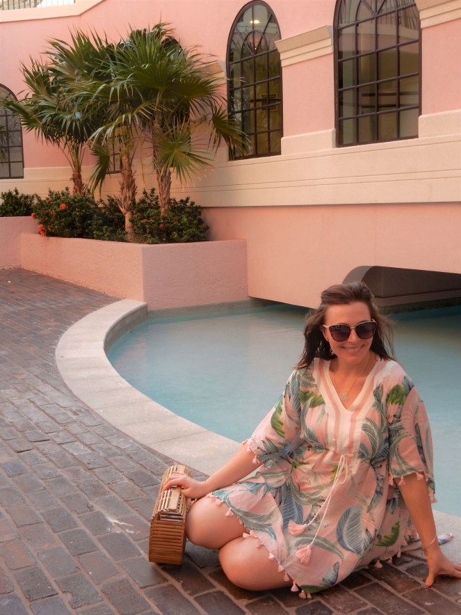Sarah In Style, SarahInStyle, SarahInStyle.com, Sarah Meyer, Pink Palace, The Vinoy, The Vinoy Renaissance, St. Petersburg Hotels, Swim Cover Up, Swim cover ups, Spartina, Pink palm print, Palm print swim, Pink hotels, swim accessories, vacation styling, what to pack for vacation, day to night looks, from beach to chic, Marriott Hotels, Pretty in Pink