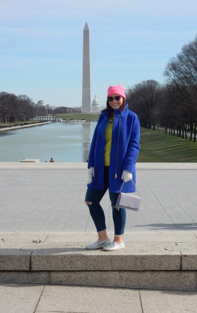 No Neonsense Fashion, Sarah In Style, Sarah Meyer, SarahInStyle. Neon Fashion accessories, Neon Fashion, J. Crew coats, Classic coats, colorful coats, Blue Coat, Neon Pink Beanie, Neon Green Sweater, Lavish Lime, Neon Necklace, Silver slip on sneakers, Washington D.C. fashion, Winter fashion, beat the winter blues, color in the winter, Washington Monument, Lincoln Memorial, Pep in your step, Kate spade accessories, Layering colors, blogger fashion advice, blogger fashion tips